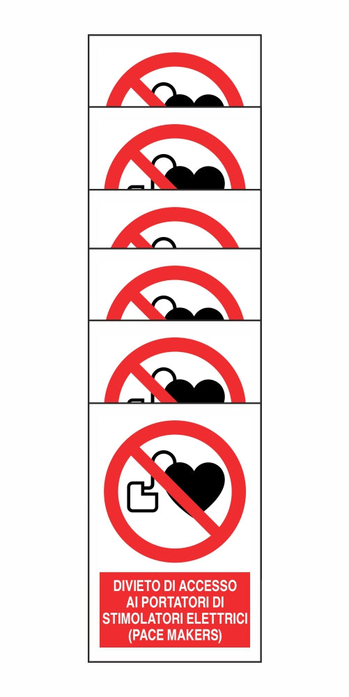 KIT DI 6 ADESIVI RETTANGOLARI - DIVIETO DI ACCESSO AI PORTATORI DI STIMOLATORI - Pittogramma ISO 7010 Con Stampa Diretta U.V. (IDEALE ANCHE PER ESTERNO)