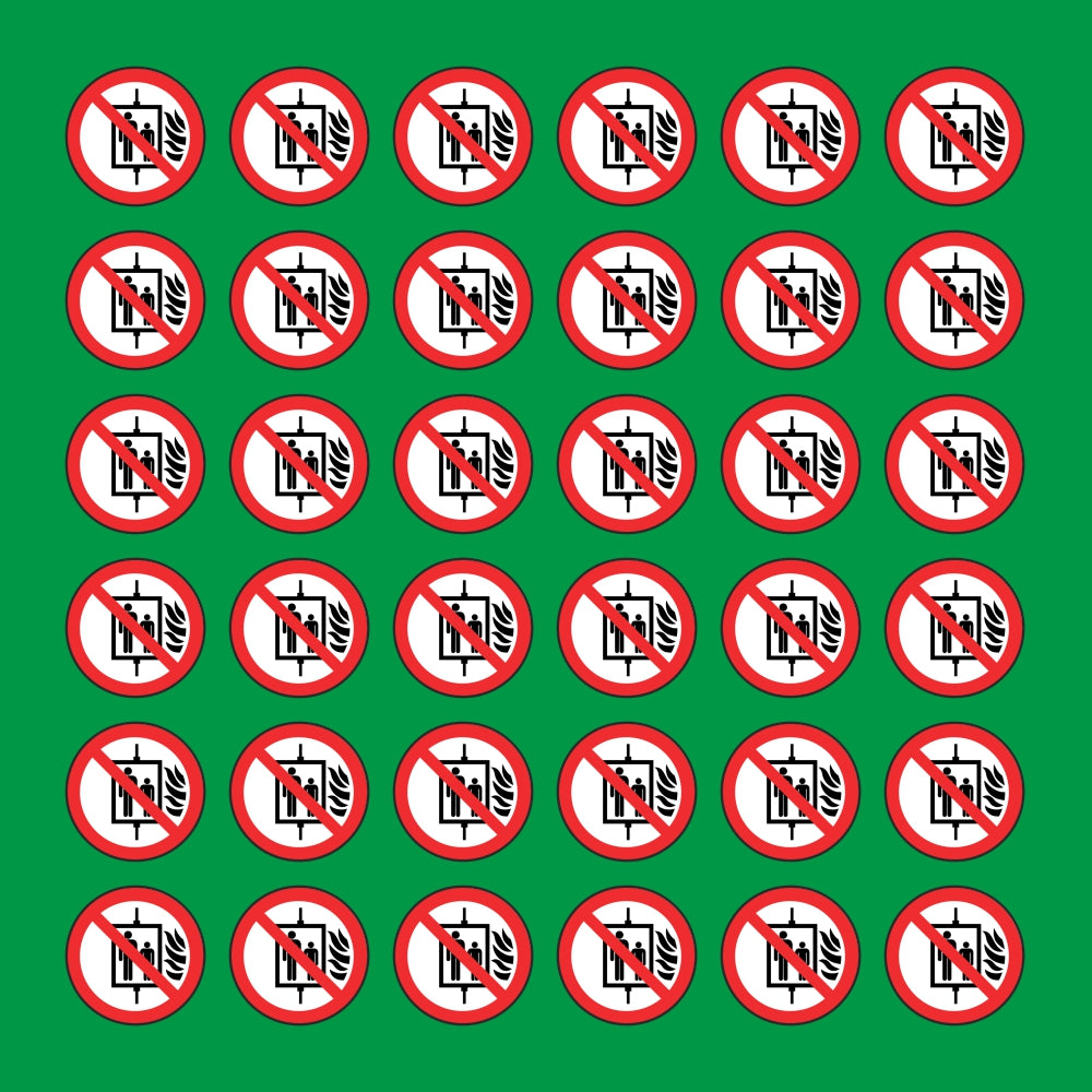 PACCO DA 6 KIT DI 6 ADESIVI ROTONDI - DIVIETO USO ASCENSORE IN CASO DI INCENDIO - Pittogramma ISO 7010 Con Stampa Diretta U.V.