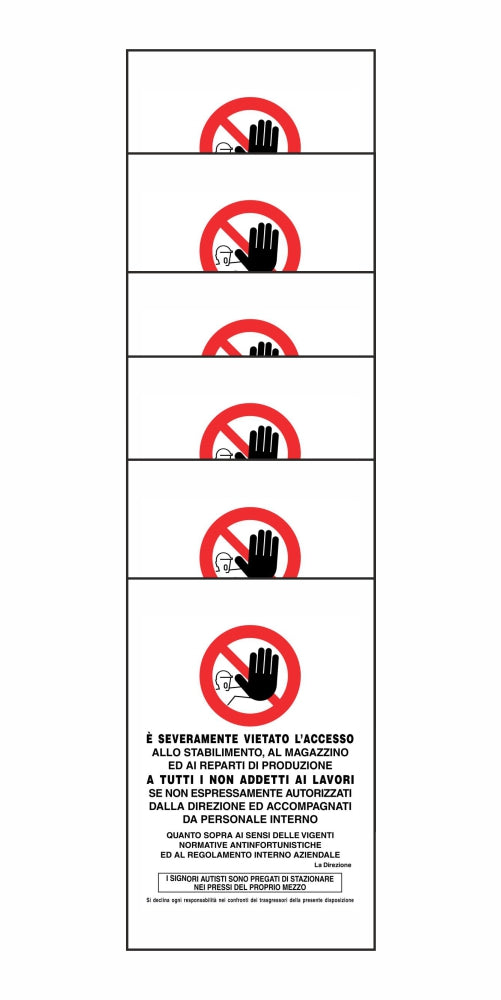 KIT DI 6 ADESIVI RETTANGOLARI - È SEVERAMENTE VIETATO L'ACCESSO ALLO STABILIMENTO - Pittogramma ISO 7010 Con Stampa Diretta U.V. (IDEALE ANCHE PER ESTERNO)