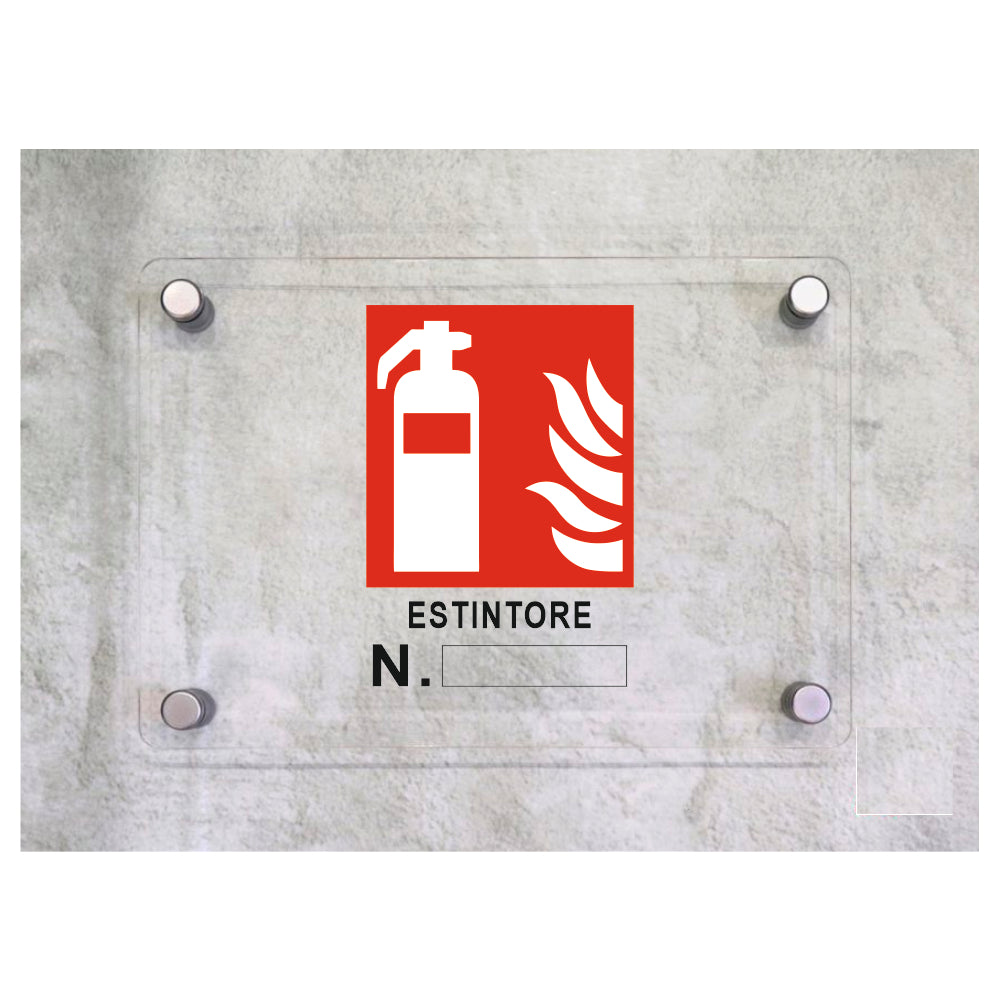 Global Targa Cartello in plexiglass - ESTINTORE N.__ - Con Distanziali in acciaio inox, Stampa UV.