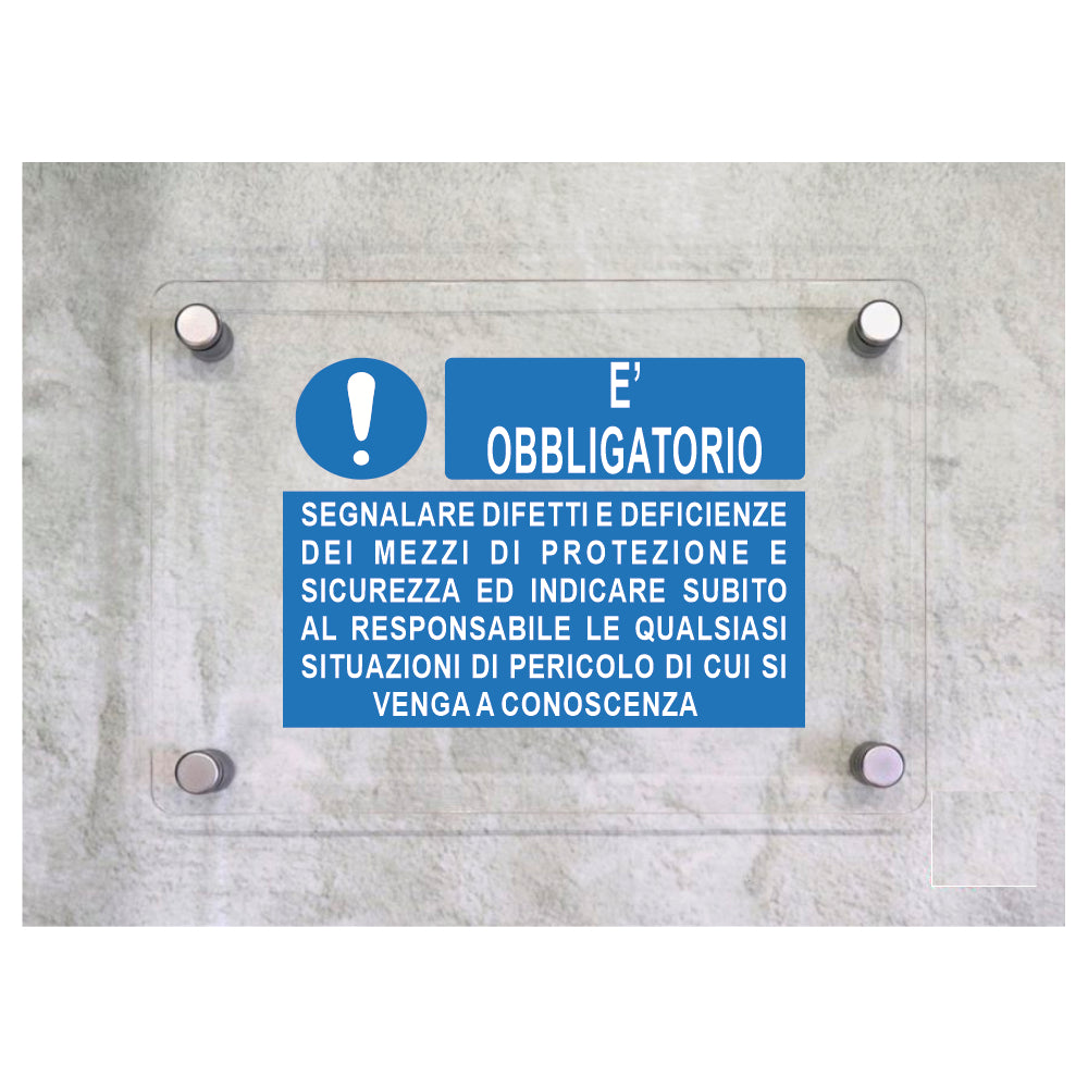 Global Targa Cartello in plexiglass - E' OBBLIGATORIO SEGNALARE DIFETTI E DEFICIENZE,,, - Con Distanziali in acciaio inox, Stampa UV.