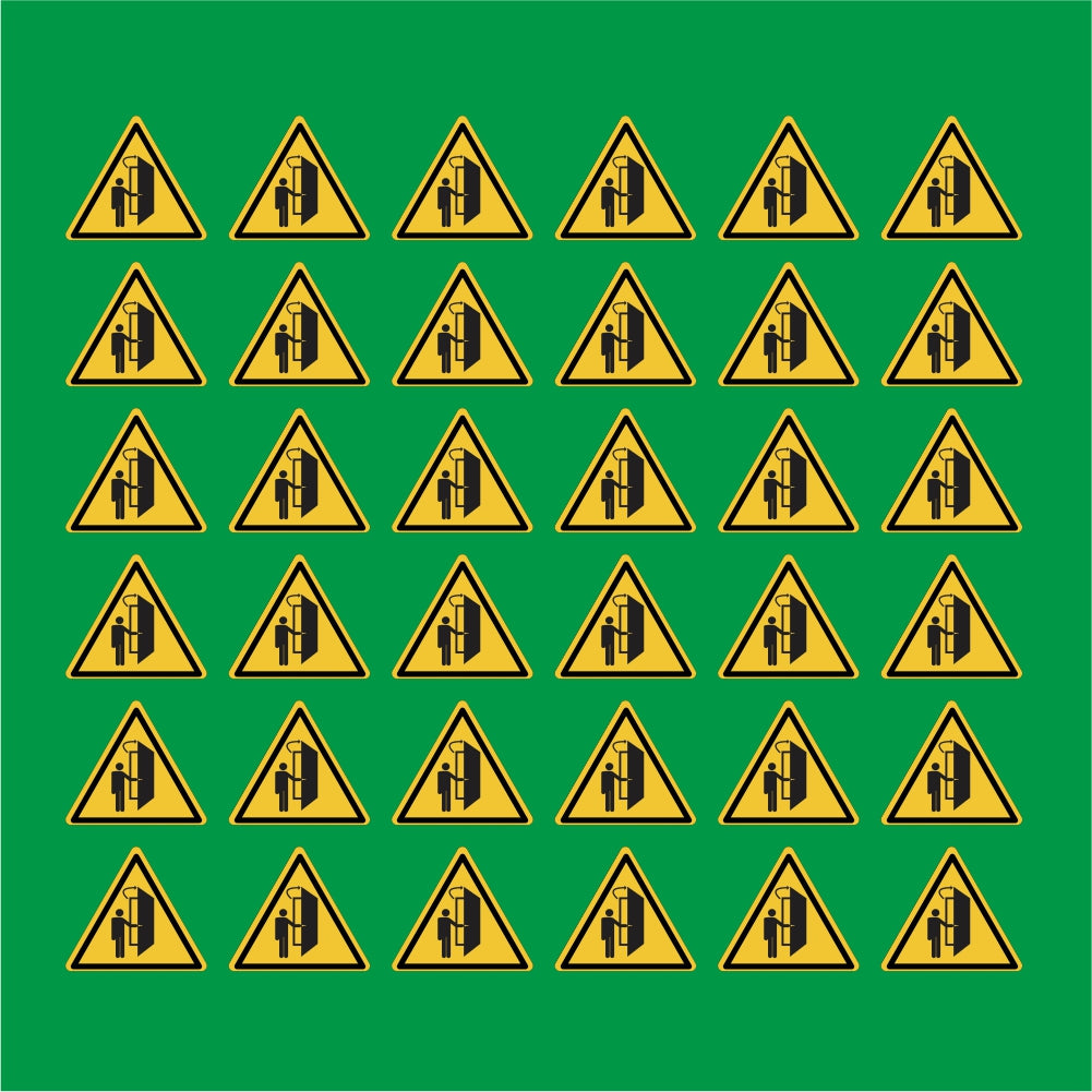 PACCO DA 6 KIT DI 6 ADESIVI TRIANGOLARI - La porta si apre nella vostra direzione - Pittogramma ISO 7010 Con Stampa Diretta U.V.