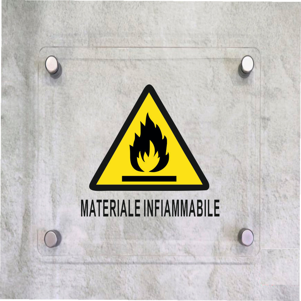 Global Targa Cartello in plexiglass Quadrato - MATERIALE INFIAMMABILE - Con Distanziali in acciaio inox, Stampa UV