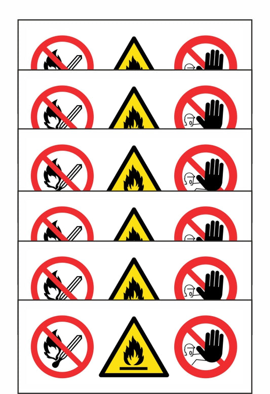 GLOBAL KIT DI 6 ADESIVI UNI - MULTISIMBOLO NON USARE FIAMME LIBERE, INFIAMMABILE, DIVIETO DI ACCESSO - Pittogramma ISO 7010 Con Stampa Diretta U.V. (IDEALE ANCHE PER ESTERNO)