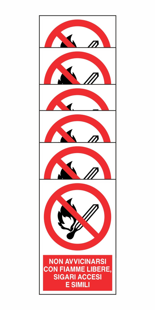 KIT DI 6 ADESIVI RETTANGOLARI - NON AVVICINARSI CON FIAMME LIBERE SIGARI ACCESI - Pittogramma ISO 7010 Con Stampa Diretta U.V. (IDEALE ANCHE PER ESTERNO)
