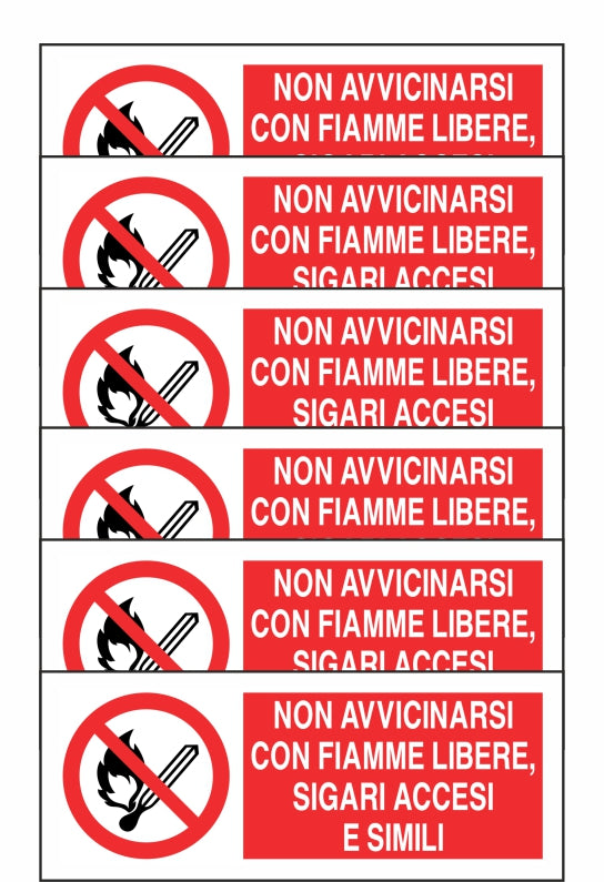 GLOBAL KIT DI 6 ADESIVI UNI - NON AVVICINARSI CON FIAMME LIBERE SIGARI ACCESI - Pittogramma ISO 7010 Con Stampa Diretta U.V. (IDEALE ANCHE PER ESTERNO)