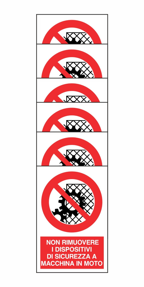 KIT DI 6 ADESIVI RETTANGOLARI - NON RIMUOVERE I DISPOSITIVI DI SICUREZZA A MACCHINA IN MOTO - Pittogramma ISO 7010 Con Stampa Diretta U.V. (IDEALE ANCHE PER ESTERNO)
