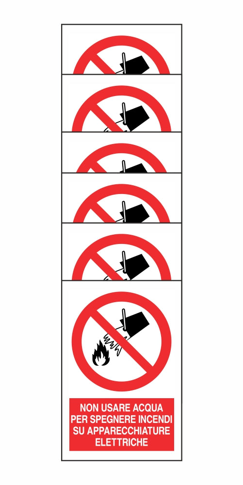 KIT DI 6 ADESIVI RETTANGOLARI - NON USARE ACQUA PER SPEGNERE INCENDI SU APPARECCHIATURE ELETTRICHE - Pittogramma ISO 7010 Con Stampa Diretta U.V. (IDEALE ANCHE PER ESTERNO)