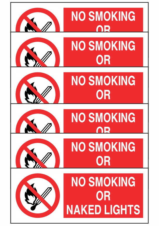 GLOBAL KIT DI 6 ADESIVI UNI - NO SMOKING OR NAKED LIGHTS - Pittogramma ISO 7010 Con Stampa Diretta U.V. (IDEALE ANCHE PER ESTERNO)