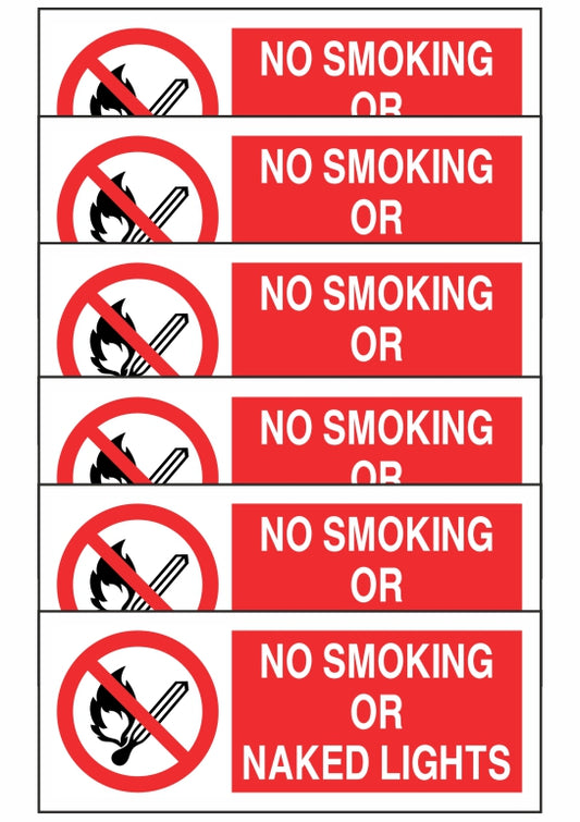GLOBAL KIT DI 6 ADESIVI UNI - NO SMOKING OR NAKED LIGHTS - Pittogramma ISO 7010 Con Stampa Diretta U.V. (IDEALE ANCHE PER ESTERNO)