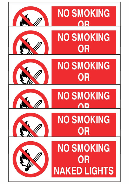 GLOBAL KIT DI 6 ADESIVI UNI - NO SMOKING OR NAKED LIGHTS - Pittogramma ISO 7010 Con Stampa Diretta U.V. (IDEALE ANCHE PER ESTERNO)