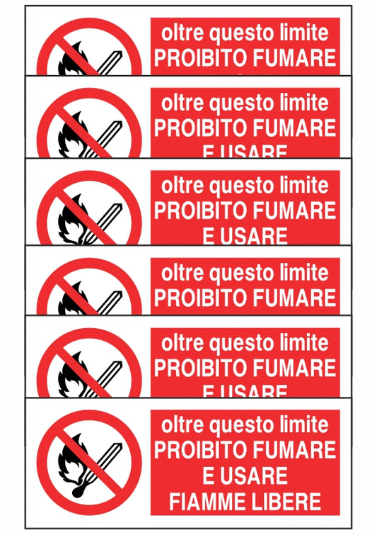 KIT DI 6 ADESIVI UNI - OLTRE QUESTO LIMITE PROIBITO FUMARE E USARE FIAMME LIBERE - Pittogramma ISO 7010 Con Stampa Diretta U.V. (IDEALE ANCHE PER ESTERNO)