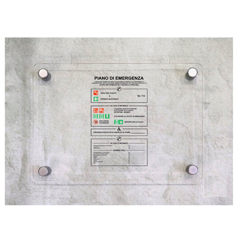 Global Targa Cartello in plexiglass - PIANO DI EMERGENZA CON NUMERO UNICO - Con Distanziali in acciaio inox, Stampa UV.