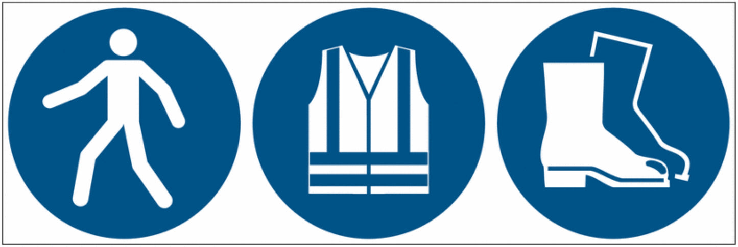 GLOBAL CARTELLO SEGNALETICO UNI - Passaggio, gilet e calzature di sicurezza obbligatori - Adesivo Extra Resistente, Pannello in Forex, Pannello In Alluminio