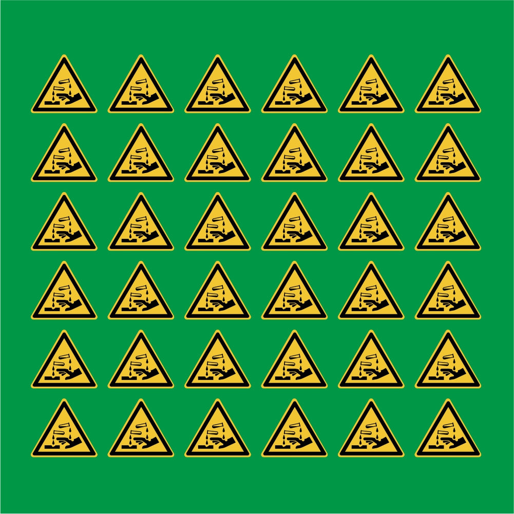 PACCO DA 6 KIT DI 6 ADESIVI TRIANGOLARI - Pericolo Sostanze corrosive - Pittogramma ISO 7010 Con Stampa Diretta U.V.