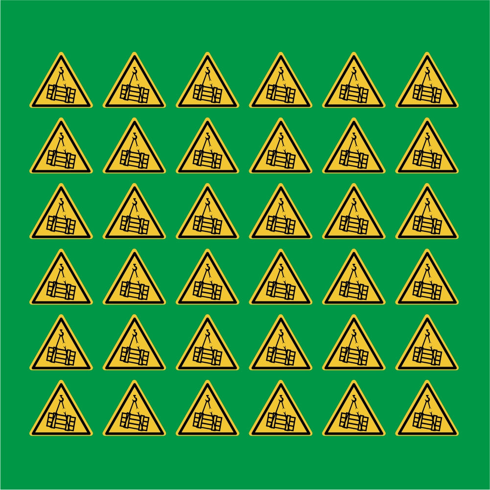 PACCO DA 6 KIT DI 6 ADESIVI TRIANGOLARI - Pericolo carichi sospesi - Pittogramma ISO 7010 Con Stampa Diretta U.V.