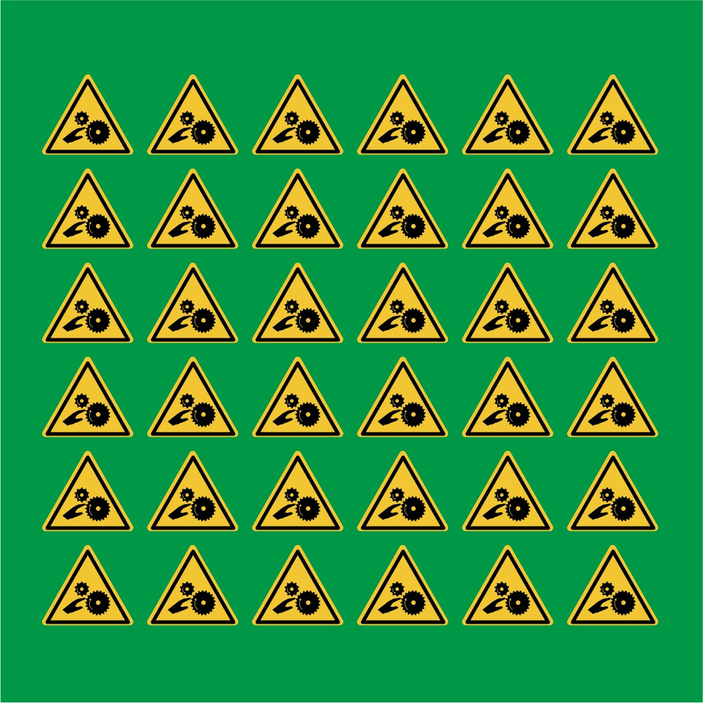 PACCO DA 6 KIT DI 6 ADESIVI TRIANGOLARI - Pericolo di schiacciamento, rulli dentati - Pittogramma ISO 7010 Con Stampa Diretta U.V.