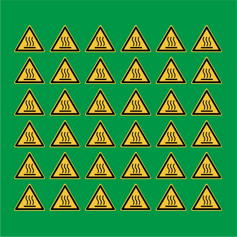 PACCO DA 6 KIT DI 6 ADESIVI TRIANGOLARI - Pericolo di ustione - Pittogramma ISO 7010 Con Stampa Diretta U.V.