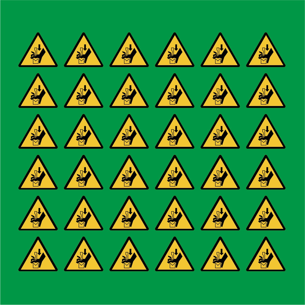 PACCO DA 6 KIT DI 6 ADESIVI TRIANGOLARI - Pericolo schiacciamento della mano nell'ingranaggio della pressa piegatrice - Pittogramma ISO 7010 Con Stampa Diretta U.V.
