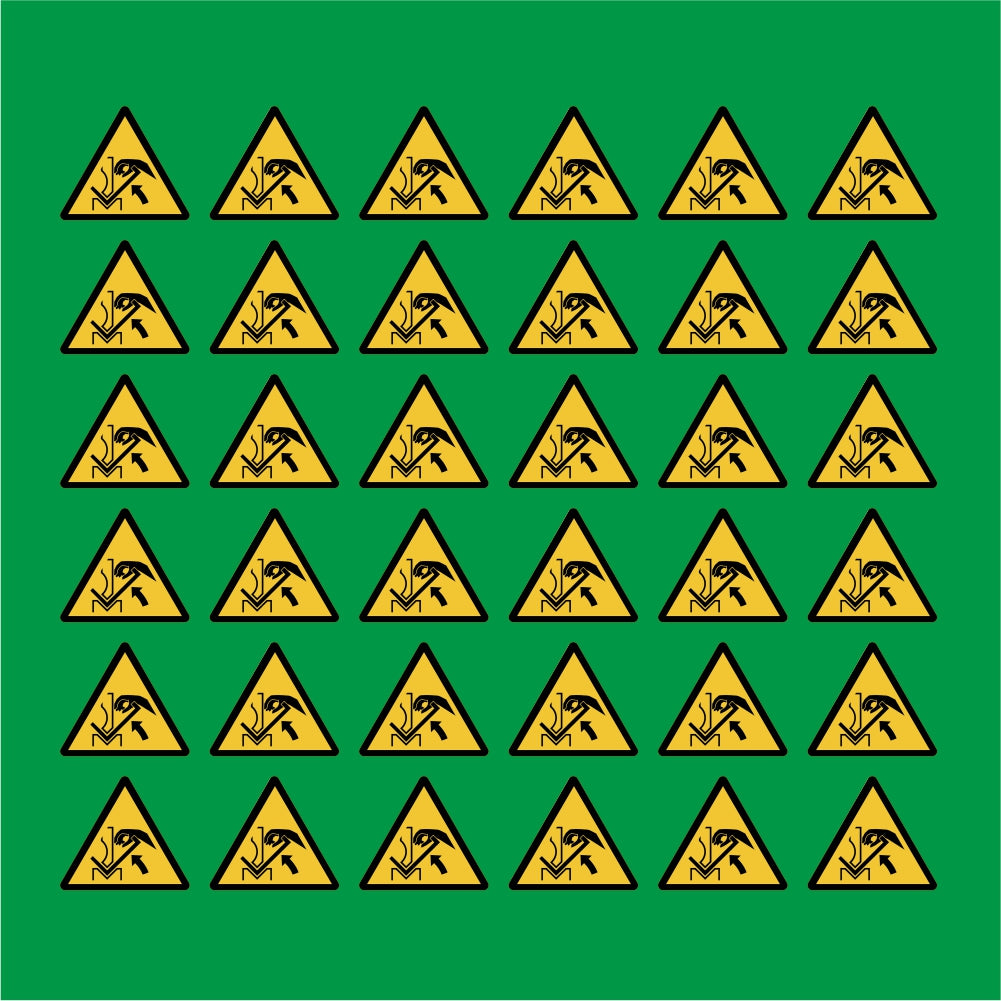 PACCO DA 6 KIT DI 6 ADESIVI TRIANGOLARI - Pericolo schiacciamento delle mani tra la pressa piegatrice e il materiale - Pittogramma ISO 7010 Con Stampa Diretta U.V.