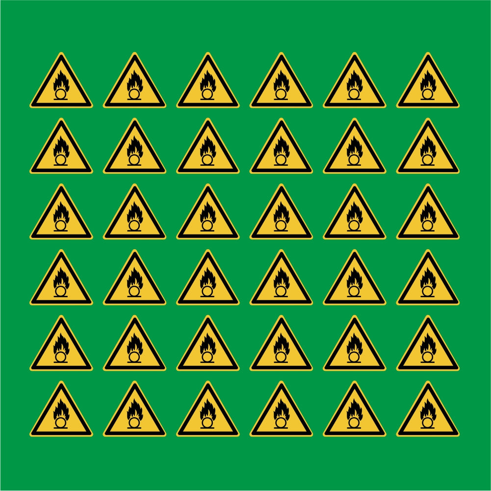 PACCO DA 6 KIT DI 6 ADESIVI TRIANGOLARI - Pericolo sostanze comburenti - Pittogramma ISO 7010 Con Stampa Diretta U.V.