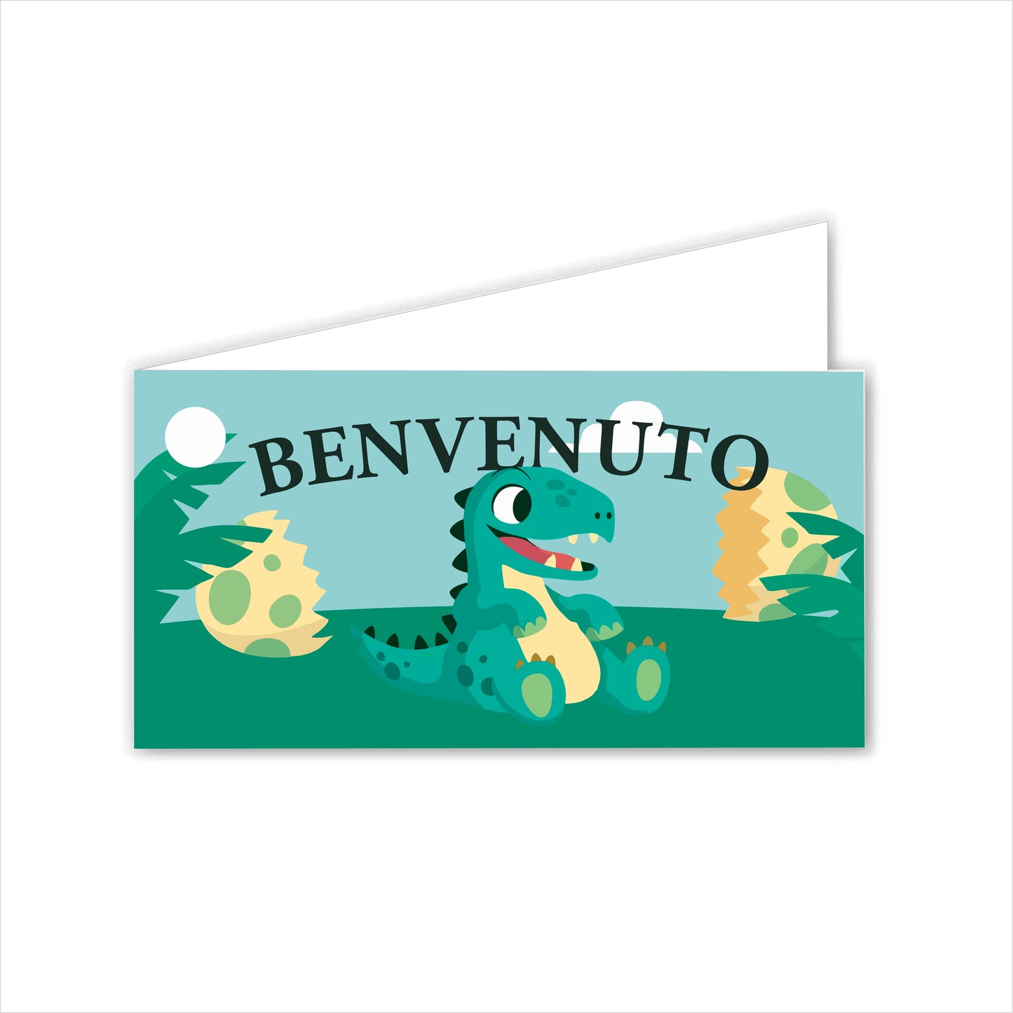 GLOBAL Bigliettini Bomboniera per Nascita Personalizzato - BABY DINO - Bigliettini Bomboniera con piega, Bigliettini Bomboniera tondo, Personalizzati con Nome e Data, MADE IN ITALY