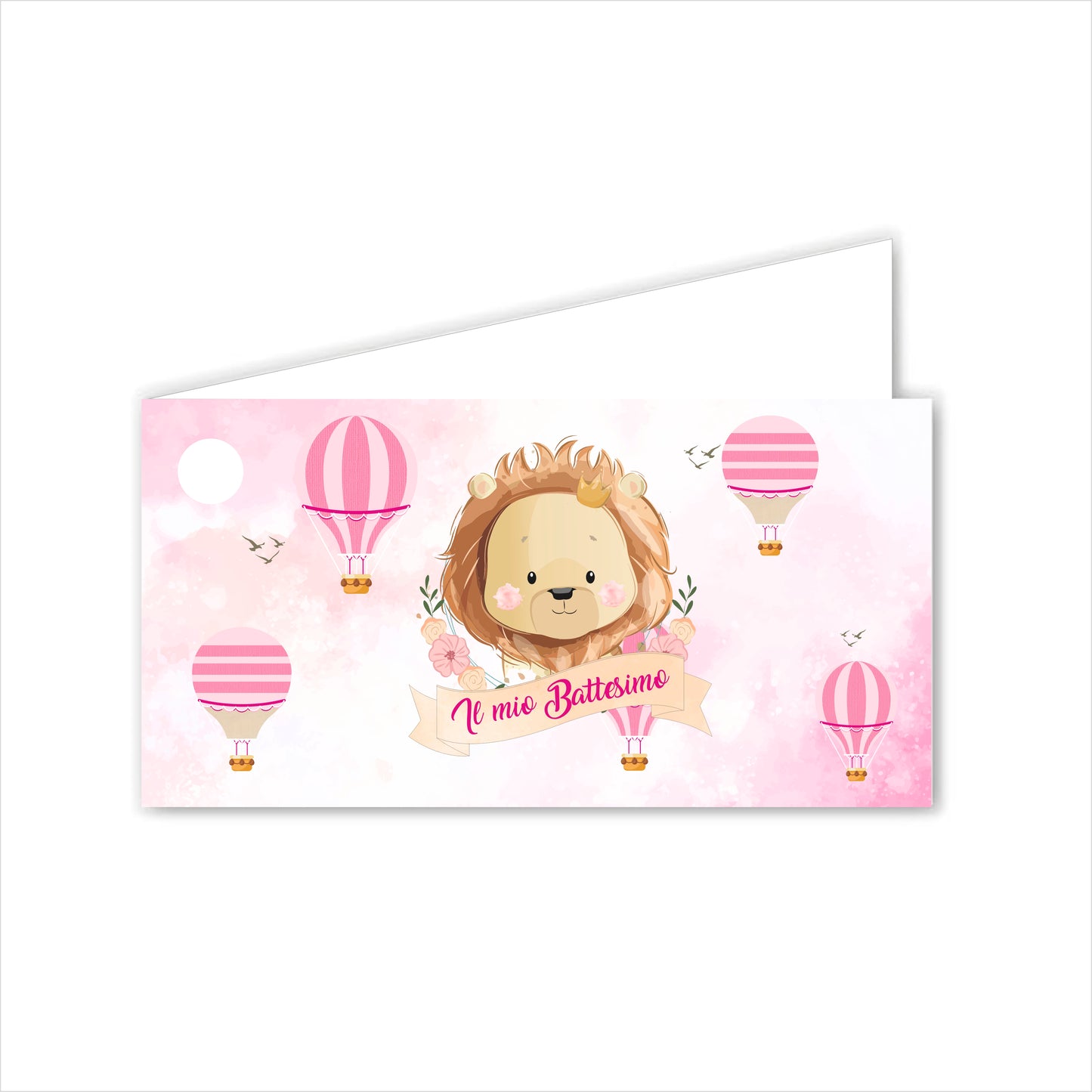 GLOBAL Bigliettini Bomboniera per Battesimo Personalizzato - LEONE BIMBA - Bigliettini Bomboniera con piega, Bigliettini Bomboniera tondo, Personalizzati con Nome e Data, MADE IN ITALY