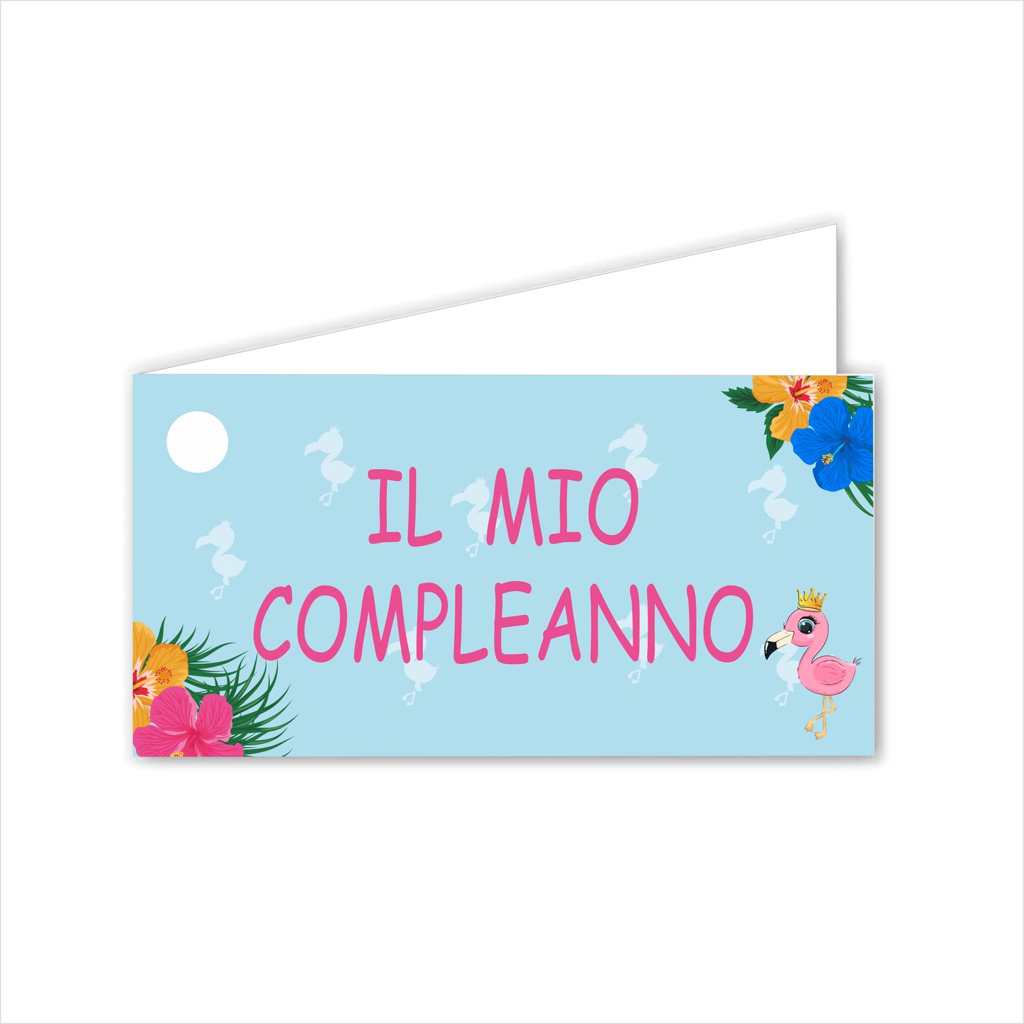GLOBAL Bigliettini Bomboniera per Compleanno Personalizzato - FENICOTTERO - Bigliettini Bomboniera con piega, Bigliettini Bomboniera tondo, Personalizzati con Nome e Data, MADE IN ITALY