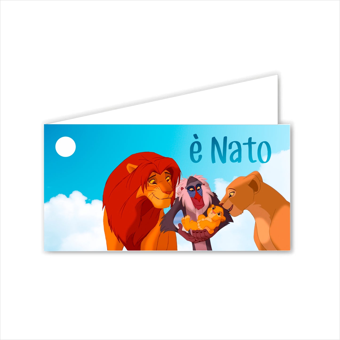 GLOBAL Bigliettini Bomboniera per Nascita Personalizzato - IL RE LEONE - Bigliettini Bomboniera con piega, Bigliettini Bomboniera tondo, Personalizzati con Nome e Data, MADE IN ITALY