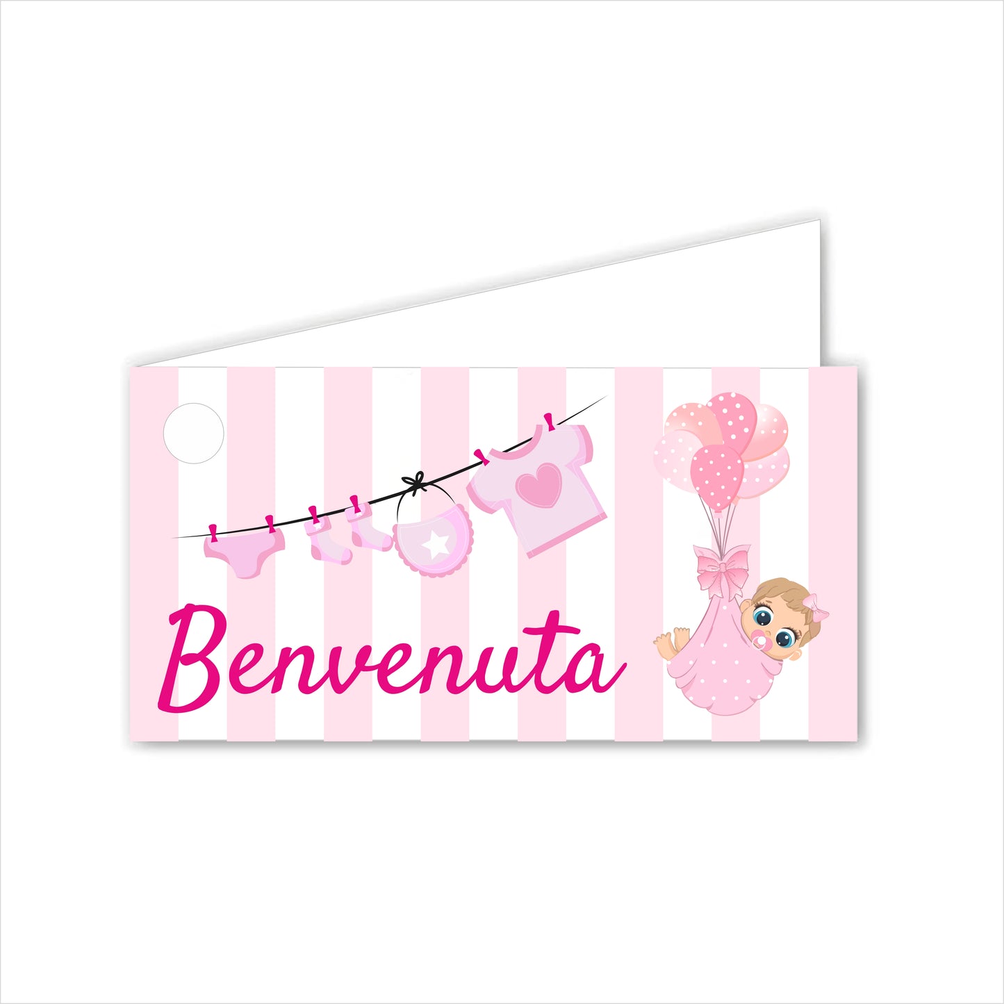 GLOBAL Bigliettini Bomboniera per Nascita Personalizzato - PALLONCINI BIMBA - Bigliettini Bomboniera con piega, Bigliettini Bomboniera tondo, Personalizzati con Nome e Data, MADE IN ITALY