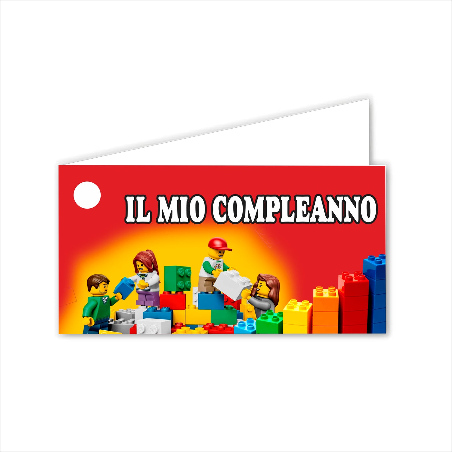 GLOBAL Bigliettini Bomboniera per Compleanno Personalizzato - LEGO - Bigliettini Bomboniera con piega, Bigliettini Bomboniera tondo, Personalizzati con Nome e Data, MADE IN ITALY