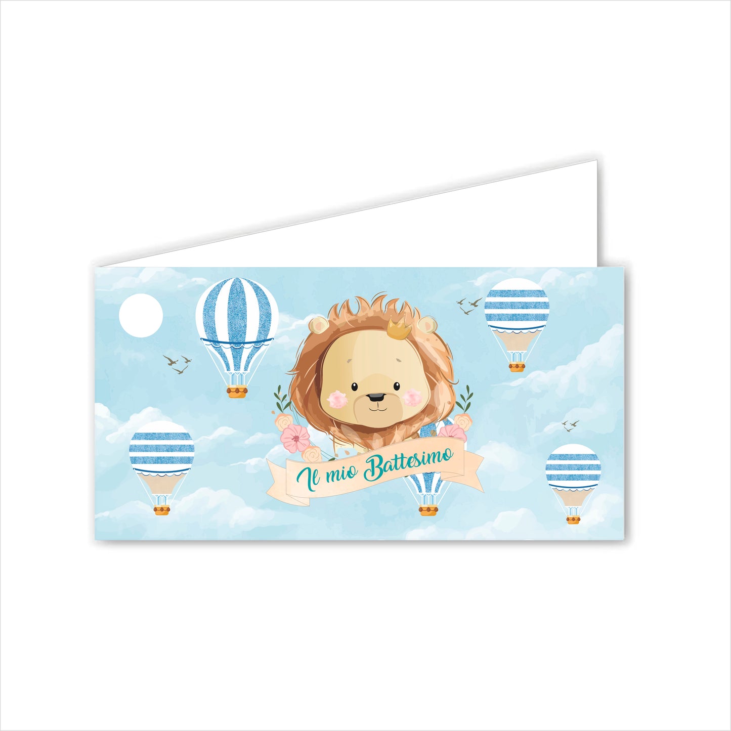 GLOBAL Bigliettini Bomboniera per Battesimo Personalizzato - LEONE BIMBO - Bigliettini Bomboniera con piega, Bigliettini Bomboniera tondo, Personalizzati con Nome e Data, MADE IN ITALY