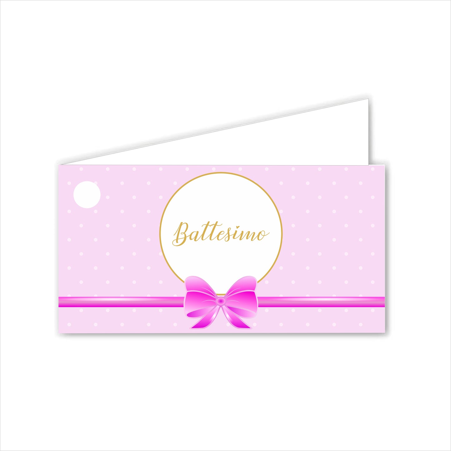 GLOBAL Bigliettini Bomboniera per Battesimo Personalizzato - FIOCCO ROSA - Bigliettini Bomboniera con piega, Bigliettini Bomboniera tondo, Personalizzati con Nome e Data, MADE IN ITALY