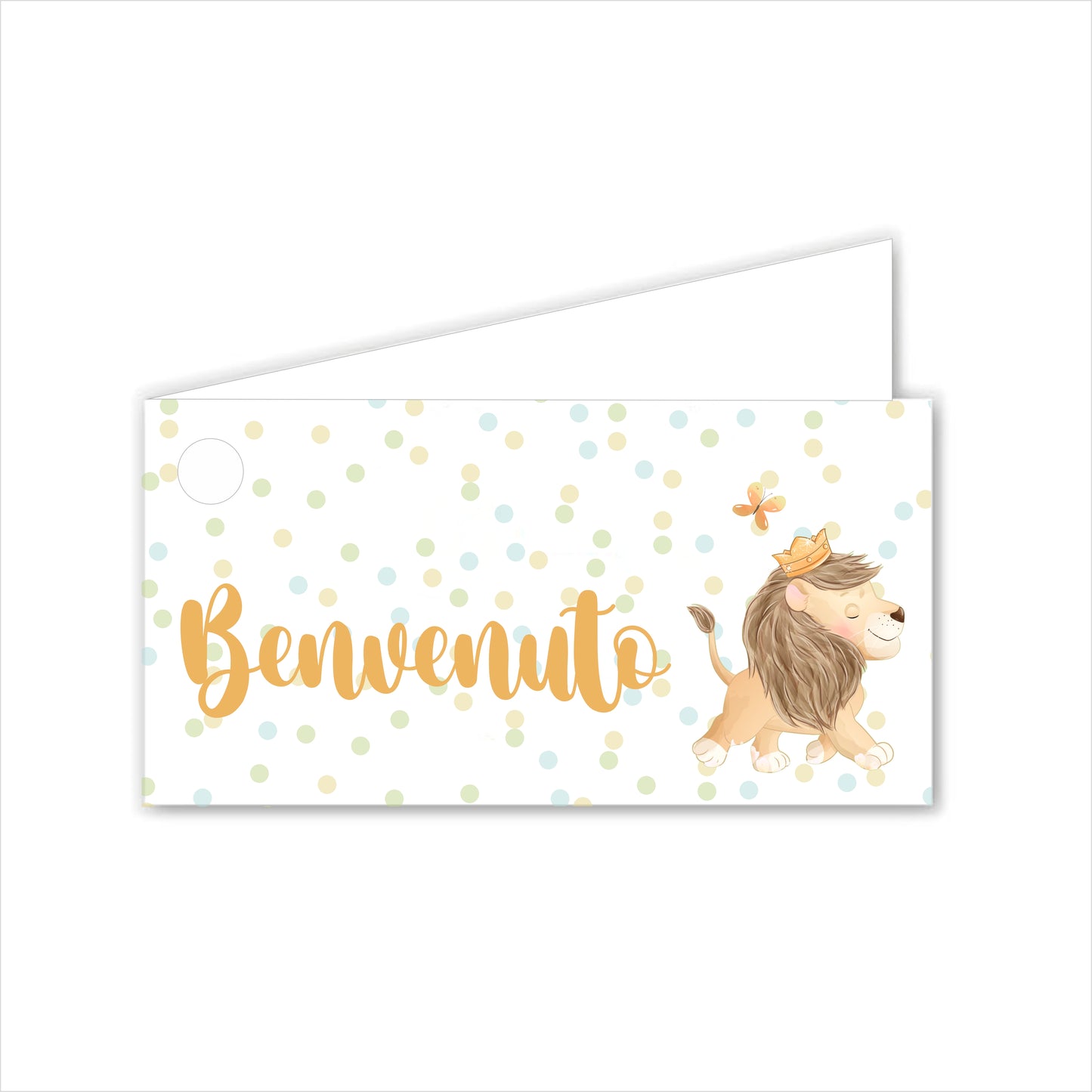 GLOBAL Bigliettini Bomboniera per Nascita Personalizzato - LEONE CON CORONA - Bigliettini Bomboniera con piega, Bigliettini Bomboniera tondo, Personalizzati con Nome e Data, MADE IN ITALY