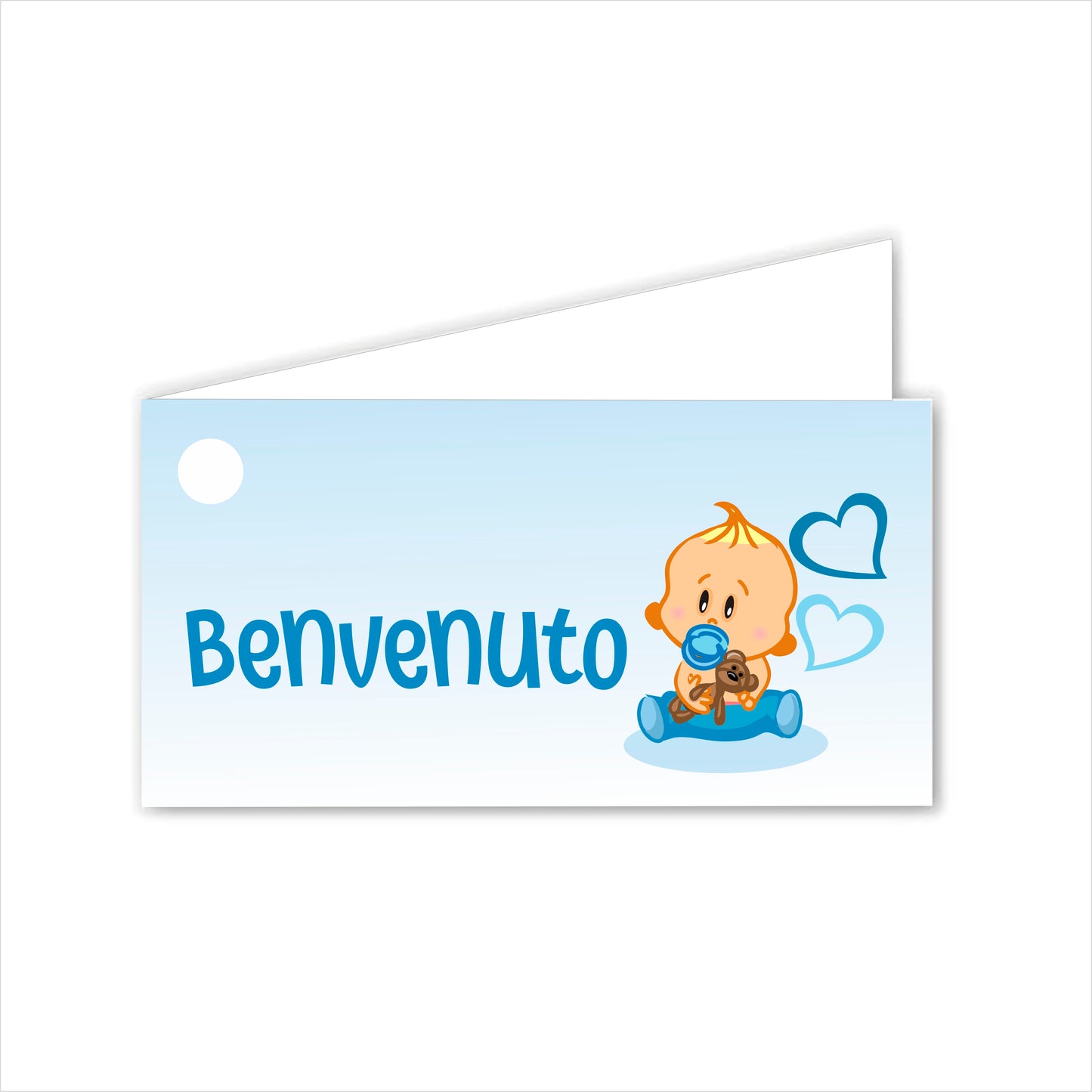 GLOBAL Bigliettini Bomboniera per Nascita Personalizzato - BIMBO E CIUCCIO - Bigliettini Bomboniera con piega, Bigliettini Bomboniera tondo, Personalizzati con Nome e Data, MADE IN ITALY