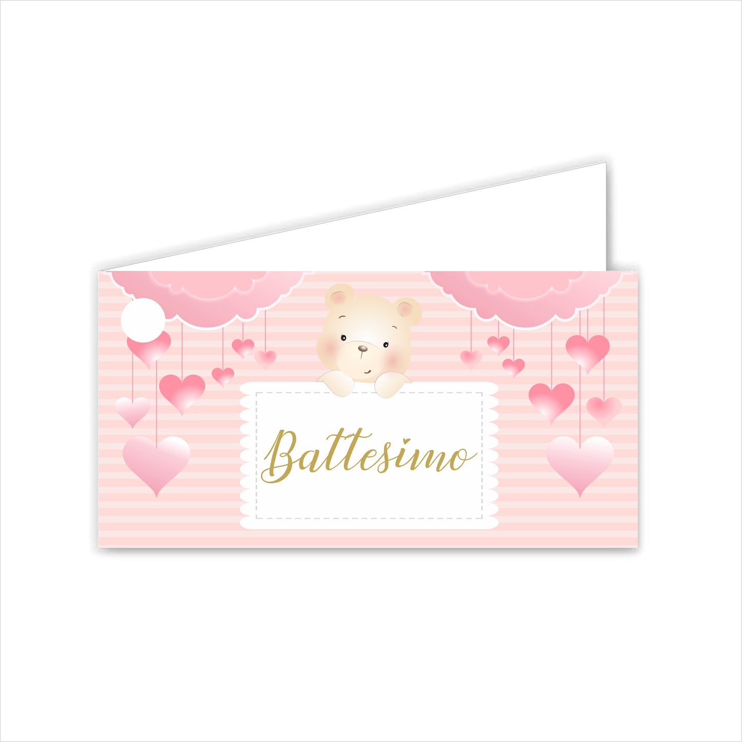 GLOBAL Bigliettini Bomboniera per Battesimo Personalizzato - ORSETTO BIMBA MOD. 3 - Bigliettini Bomboniera con piega, Bigliettini Bomboniera tondo, Personalizzati con Nome e Data, MADE IN ITALY