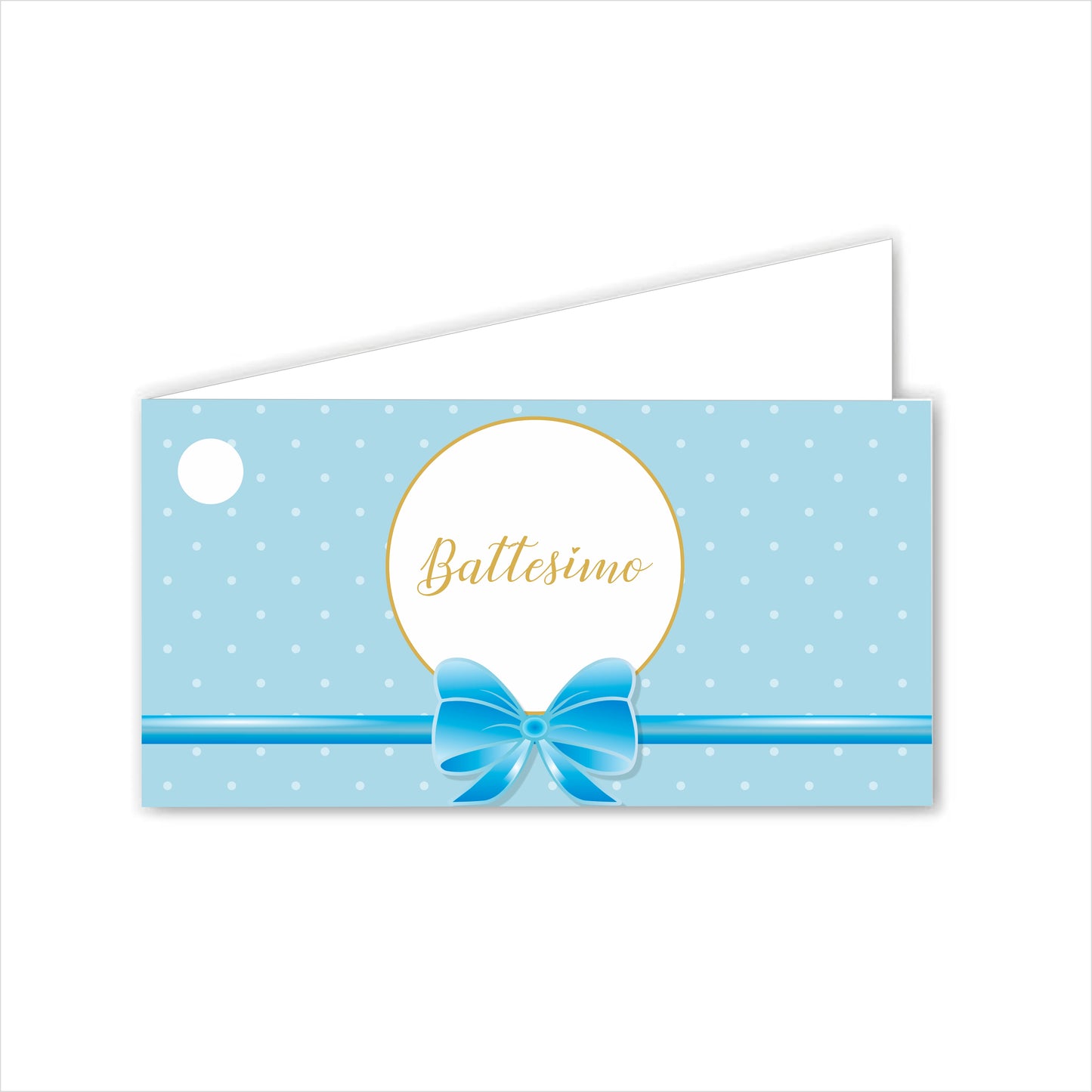 GLOBAL Bigliettini Bomboniera per Battesimo Personalizzato - FIOCCO AZZURRO - Bigliettini Bomboniera con piega, Bigliettini Bomboniera tondo, Personalizzati con Nome e Data, MADE IN ITALY