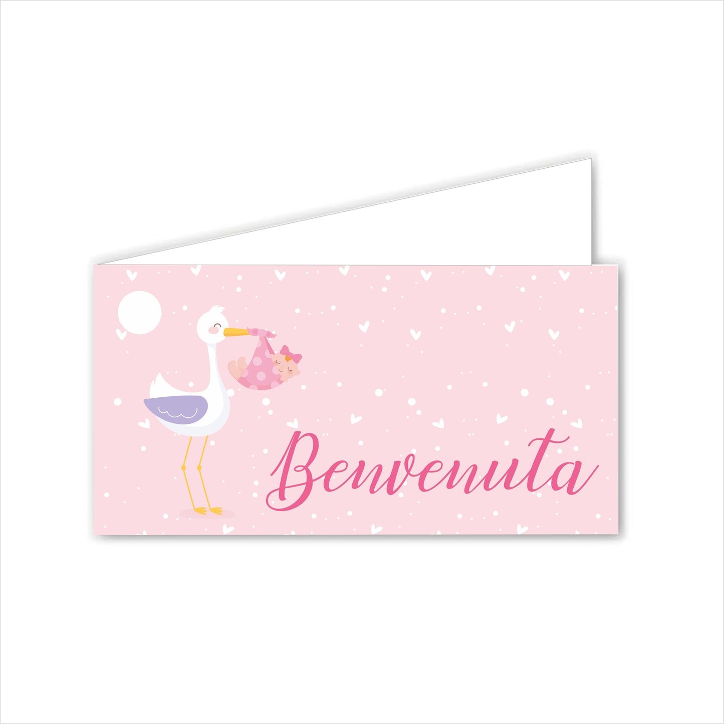 GLOBAL Bigliettini Bomboniera per Nascita Personalizzato - CICOGNA E CUORI BIMBA - Bigliettini Bomboniera con piega, Bigliettini Bomboniera tondo, Personalizzati con Nome e Data, MADE IN ITALY