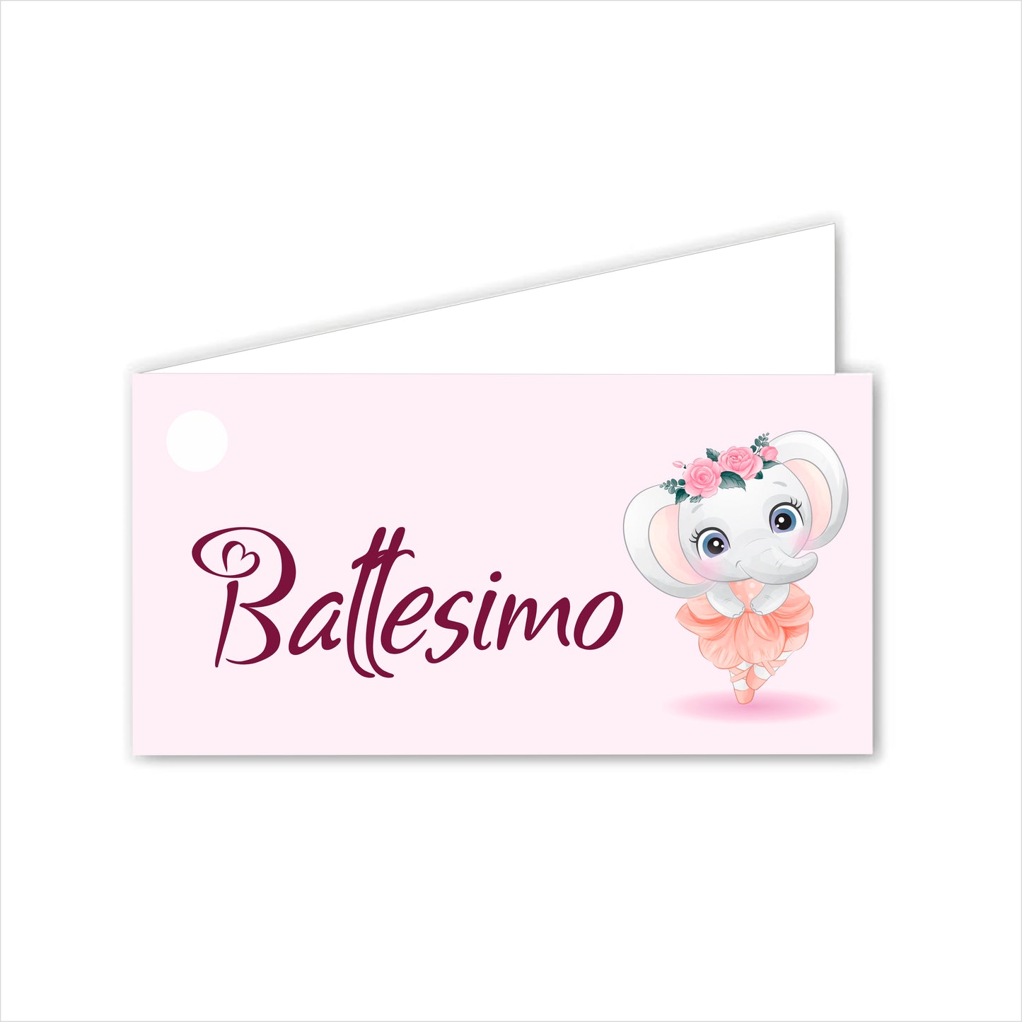GLOBAL Bigliettini Bomboniera per Battesimo Personalizzato - ELEFANTE BALLERINA - Bigliettini Bomboniera con piega, Bigliettini Bomboniera tondo, Personalizzati con Nome e Data, MADE IN ITALY