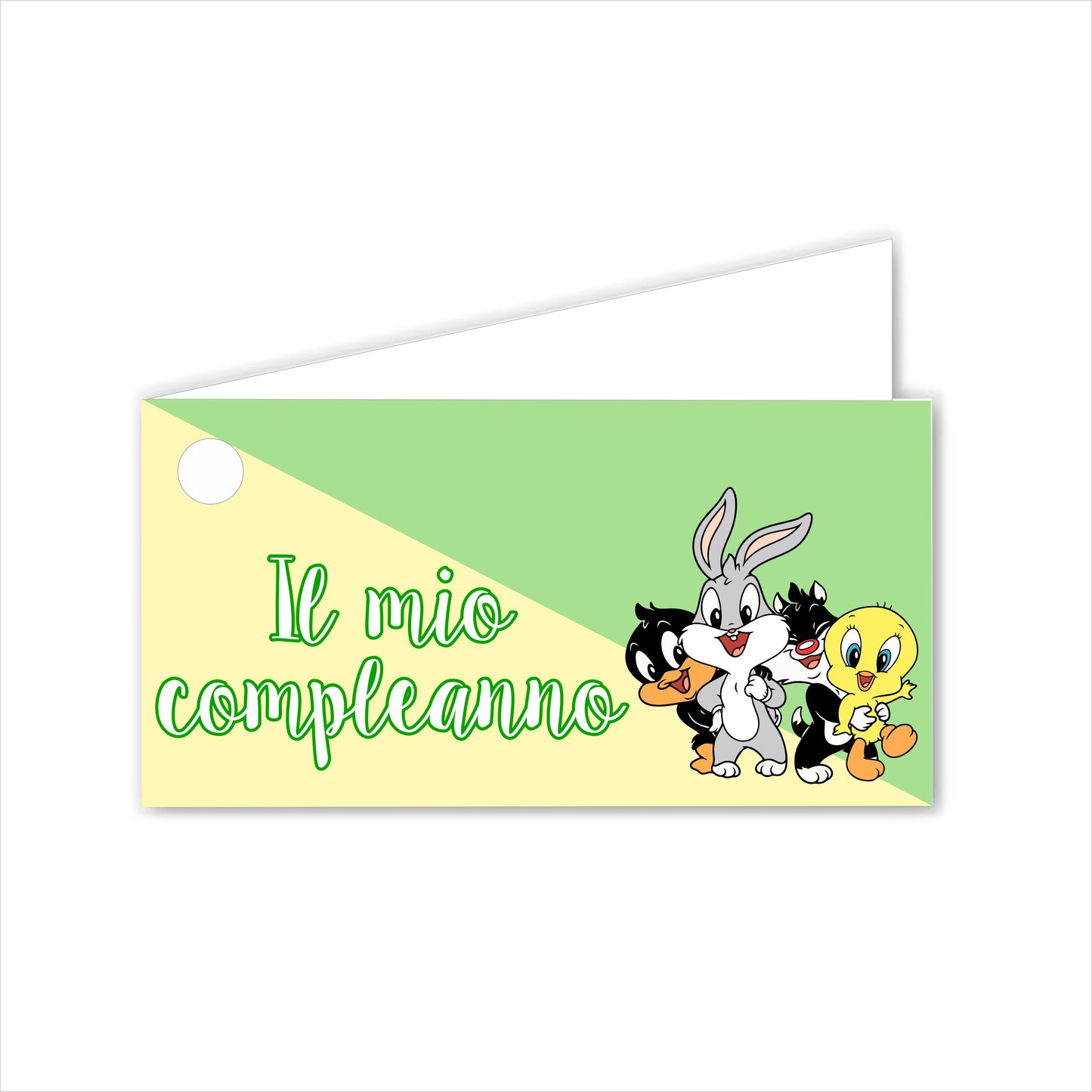 GLOBAL Bigliettini Bomboniera per Compleanno Personalizzato - BABY LOONEY TUNES - Bigliettini Bomboniera con piega, Bigliettini Bomboniera tondo, Personalizzati con Nome e Data, MADE IN ITALY