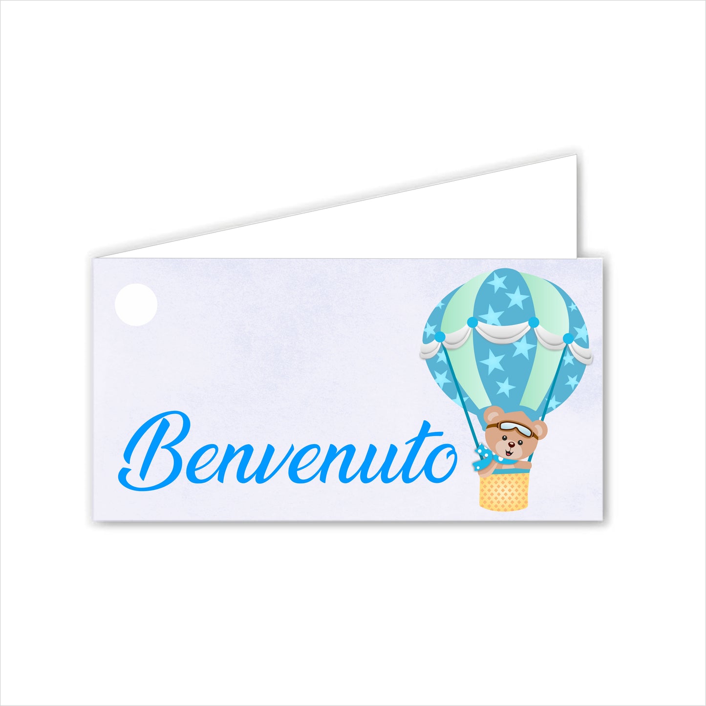 GLOBAL Bigliettini Bomboniera per Nascita Personalizzato - ORSETTO IN MONGOLFIERA - Bigliettini Bomboniera con piega, Bigliettini Bomboniera tondo, Personalizzati con Nome e Data, MADE IN ITALY