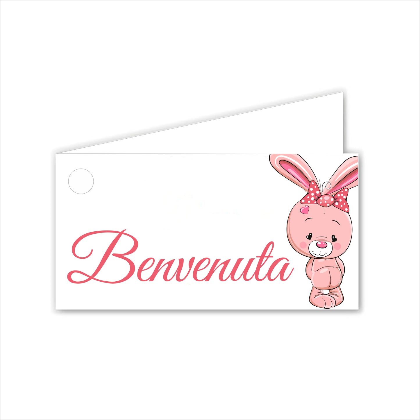 GLOBAL Bigliettini Bomboniera per Nascita Personalizzato - CONIGLIETTO BIMBA - Bigliettini Bomboniera con piega, Bigliettini Bomboniera tondo, Personalizzati con Nome e Data, MADE IN ITALY