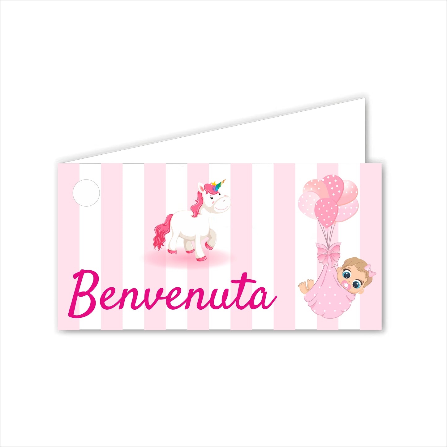 GLOBAL Bigliettini Bomboniera per Nascita Personalizzato - UNICORNO E PALLONCINI BIMBA - Bigliettini Bomboniera con piega, Bigliettini Bomboniera tondo, Personalizzati con Nome e Data, MADE IN ITALY