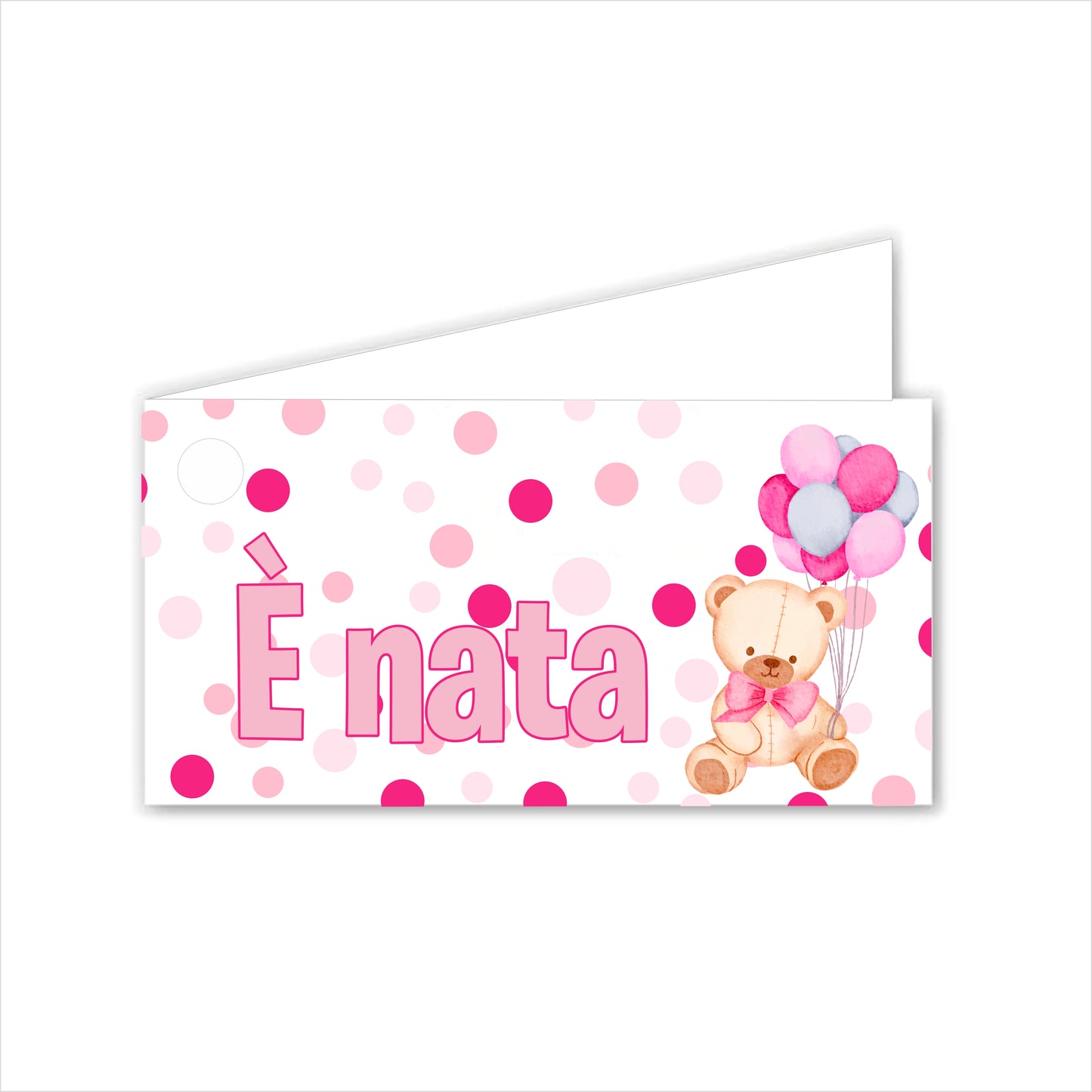 GLOBAL Bigliettini Bomboniera per Nascita Personalizzato - ORSETTO PALLONCINI BIMBA - Bigliettini Bomboniera con piega, Bigliettini Bomboniera tondo, Personalizzati con Nome e Data, MADE IN ITALY