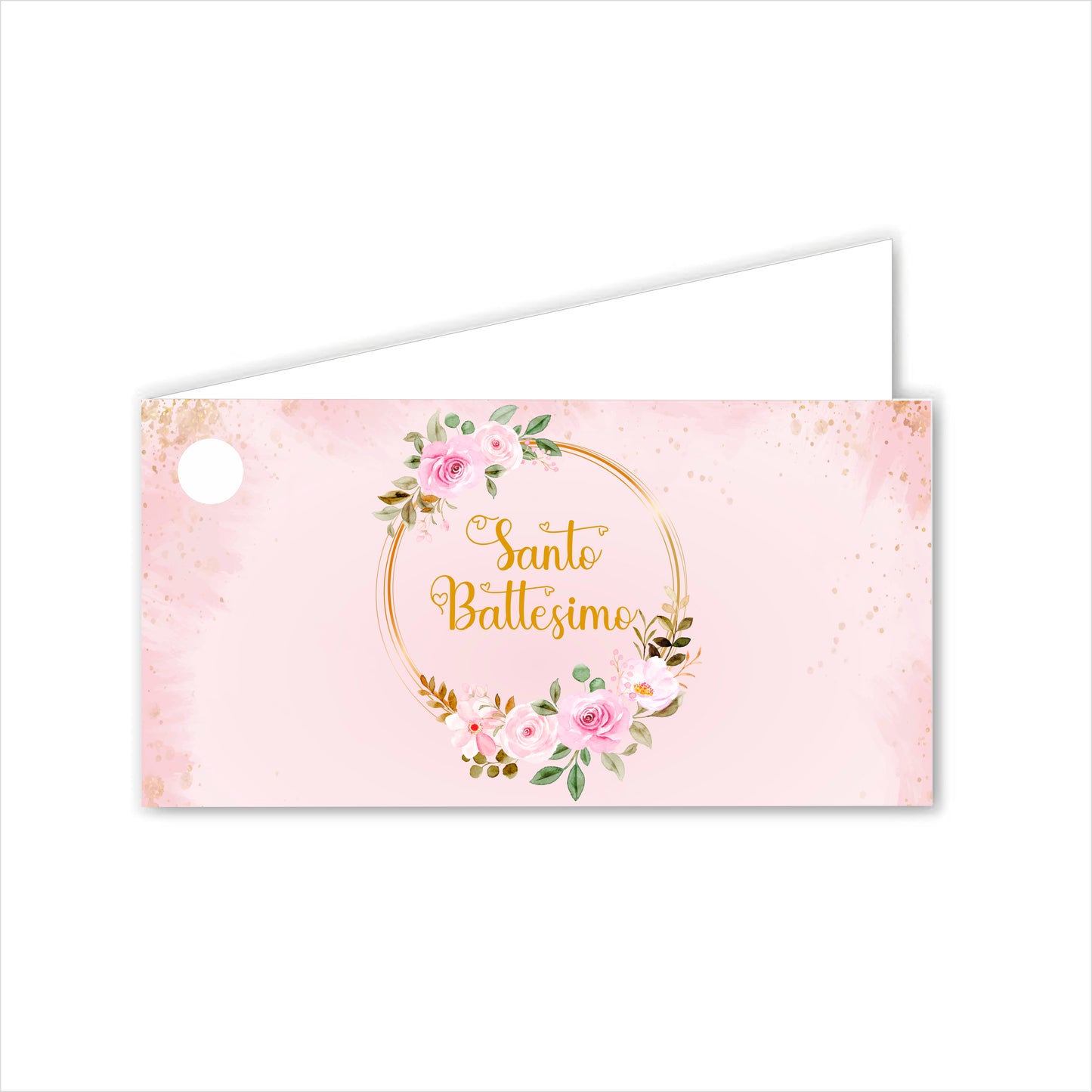 GLOBAL Bigliettini Bomboniera per Battesimo Personalizzato - CORNICE CON FIORI - Bigliettini Bomboniera con piega, Bigliettini Bomboniera tondo, Personalizzati con Nome e Data, MADE IN ITALY