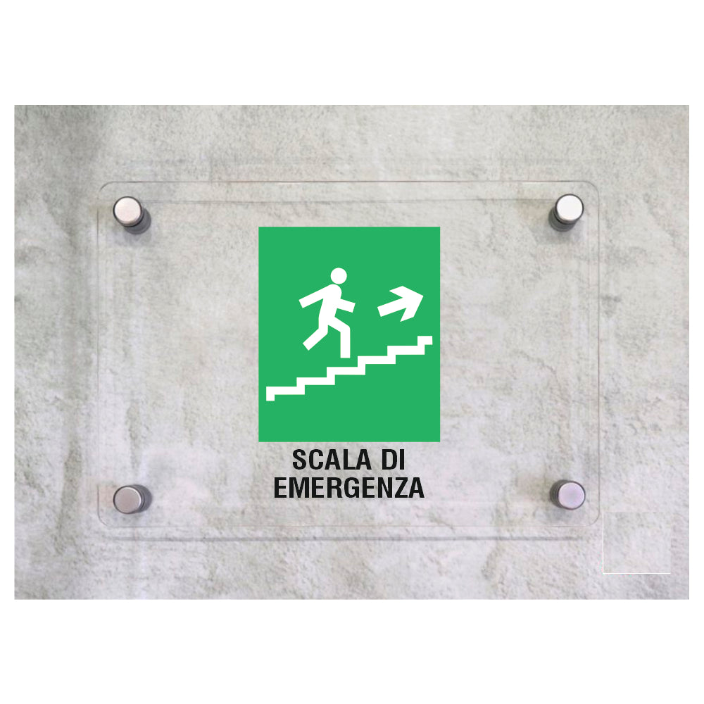 Global Targa Cartello in plexiglass - SCALA DI EMERGENZA SALITA DESTRA - Con Distanziali in acciaio inox, Stampa UV.