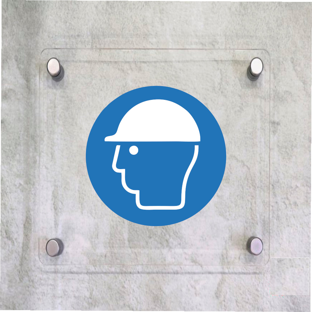 Global Targa Cartello in plexiglass Quadrato - SIMBOLO OBBLIGO USO ELMETTO - Con Distanziali in acciaio inox, Stampa UV