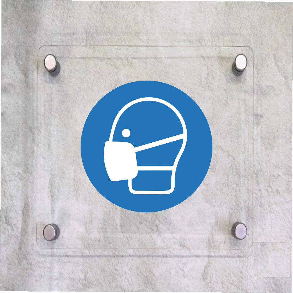 Global Targa Cartello in plexiglass Quadrato - SIMBOLO OBBLIGO USO MASCHERINA - Con Distanziali in acciaio inox, Stampa UV