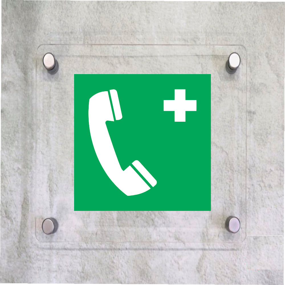 Global Targa Cartello in plexiglass Quadrato - TELEFONO DI EMERGENZA - Con Distanziali in acciaio inox, Stampa UV