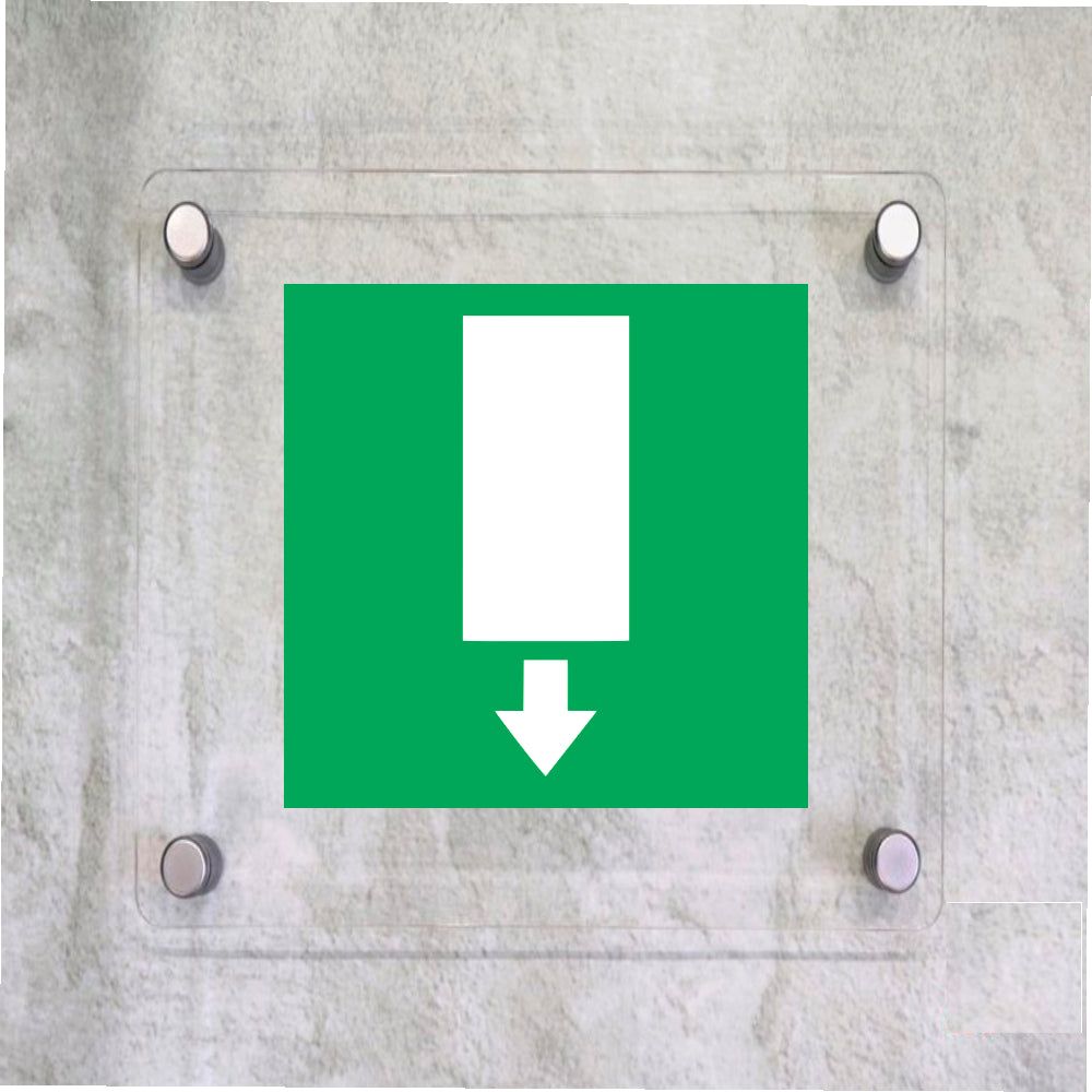 Global Targa Cartello in plexiglass Quadrato - USCITA DI EMERGENZA VERSO IL BASSO - Con Distanziali in acciaio inox, Stampa UV